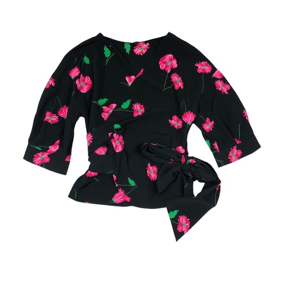 Zara Tops - Zara Black Floral Printed 3/4 Sleeve Tie Waist Wrap Crossover Blouse
